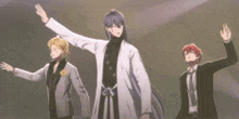 three anime characters are standing next to each other and one of them is wearing a white jacket