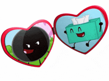 a heart shaped mirror with a picture of a tissue box and a black object