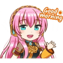 a cartoon girl with pink hair and blue eyes is waving and says `` good morning '' .