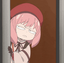 a girl with pink hair and a red hat is making an angry face