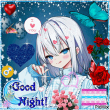 a girl with white hair and blue eyes is surrounded by hearts and butterflies and says good night