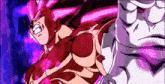 a cartoon character with pink hair and muscles is fighting another character .