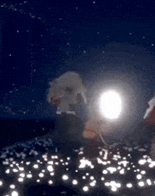 a person is standing in front of a full moon in a field of stars .
