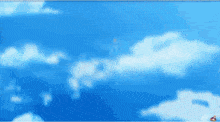 a blue sky with white clouds and a cartoon character in the foreground