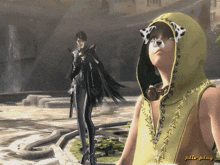 a video game character is standing next to a person wearing a hoodie with a dog face