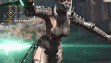 a woman in a video game is holding a green sword and the word severance is on the screen