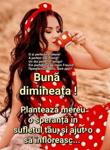 a woman in a red polka dot dress is drinking from a cup