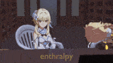 a girl sitting in a chair next to a sign that says enthralpy