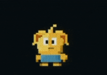 a pixel art of an alien with a blue shirt
