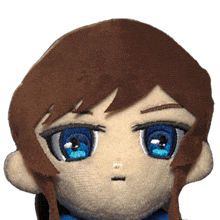 a close up of a stuffed animal with blue eyes and brown hair