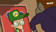 a cartoon of a boy wearing glasses and a green hat with an eye on it