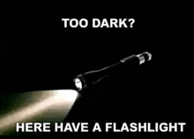 a flashlight is lit up in the dark with a caption that says too dark here have a flashlight