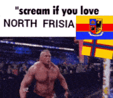 a picture of a man with the words " scream if you love north frisia " on it