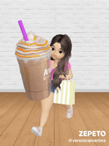 a girl holding a bag and a cup that says ara coffe