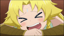 a girl with yellow hair is crying and making a funny face