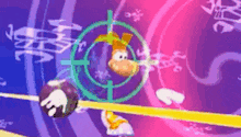 a cartoon character is being targeted by a green crosshair .
