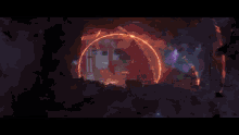 a man in a black shirt is standing in front of a wall of fire