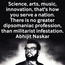 a man with glasses and a quote about science arts music innovation