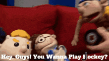 a person is holding a hockey puck while talking to a puppet that says hey guys you wanna play hockey