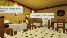 a restaurant with a woman sitting at a table and a speech bubble that says i-a make-a-da pizza