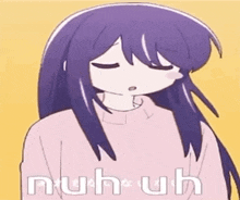 a girl with long purple hair is wearing a pink sweater and sleeping .
