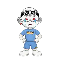 a cartoon character is wearing a blue shirt that says wow