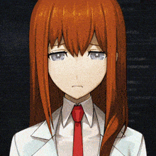 a girl with red hair and purple eyes wearing a red tie