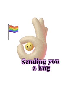 a hand holding a smiley face with the words sending you a hug above it