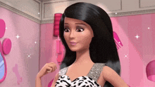 a barbie doll with long black hair is standing in front of a mirror