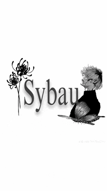 a black and white drawing of a person with the name sybau on it