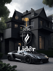 a black car is parked in front of a black house with a logo for lider