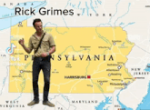 a man is standing in front of a map of sylvania with the name rick grimes on it