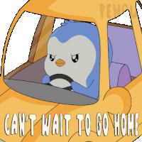 a penguin is driving a car with the words " can 't wait to go home "