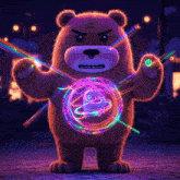 a teddy bear is holding a glowing object in his hand
