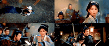 a collage of four pictures of a woman holding a sword