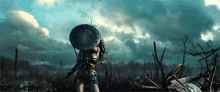 wonder woman is standing in a field holding a shield and a spear .