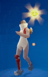a person in a shark costume is standing in front of a sun
