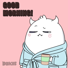 a cartoon drawing of a devil in a robe holding a cup of coffee with the words good morning written above him