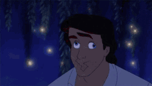 a cartoon character from the little mermaid is making a funny face while looking at fireflies .