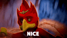 a red bird with a yellow beak and a crown says nice