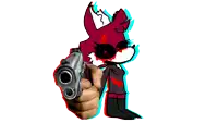 a person is pointing a gun at a cartoon fox