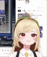 a girl with blonde hair and red eyes is wearing a headband