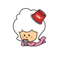 a cartoon girl with a red bucket on her head is looking at her phone .
