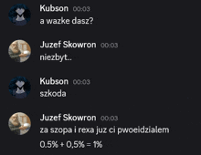 a screenshot of a conversation between kubson and juzef
