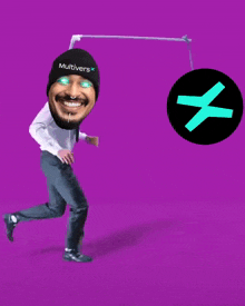 a man wearing a hat that says multivers is running