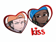 a couple of heart shaped buttons with the word kiss on the bottom