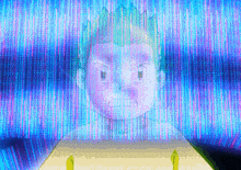 a cartoon character with a crown on his head is standing in front of a screen with a blue background .