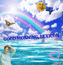 a woman is standing in the ocean with the words good morning lexicon above her