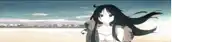 a girl with long black hair stands on a beach