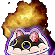 a cartoon cat with a strawberry on its head is surrounded by a purple background .